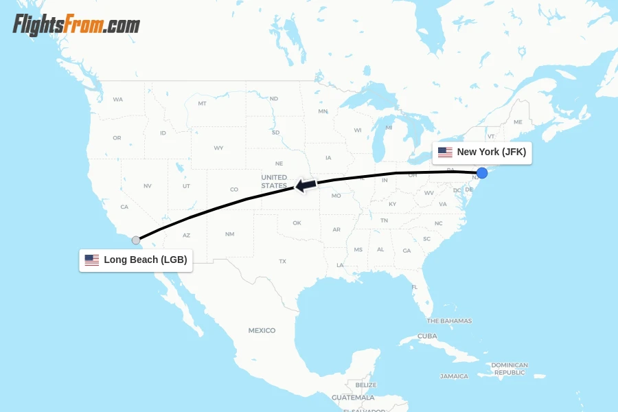 Flights from New York to Long Beach route map