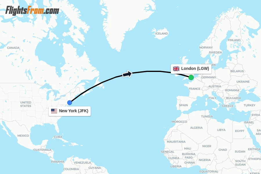 Flights from New York to London route map