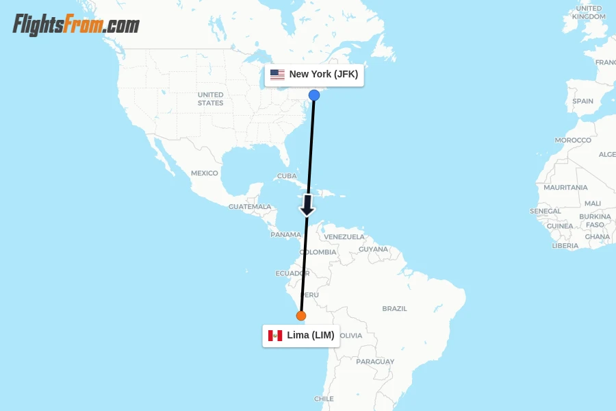 Flights from New York to Lima route map