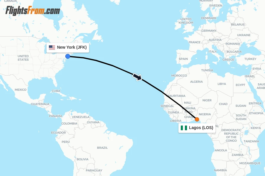 Flights from New York to Lagos route map