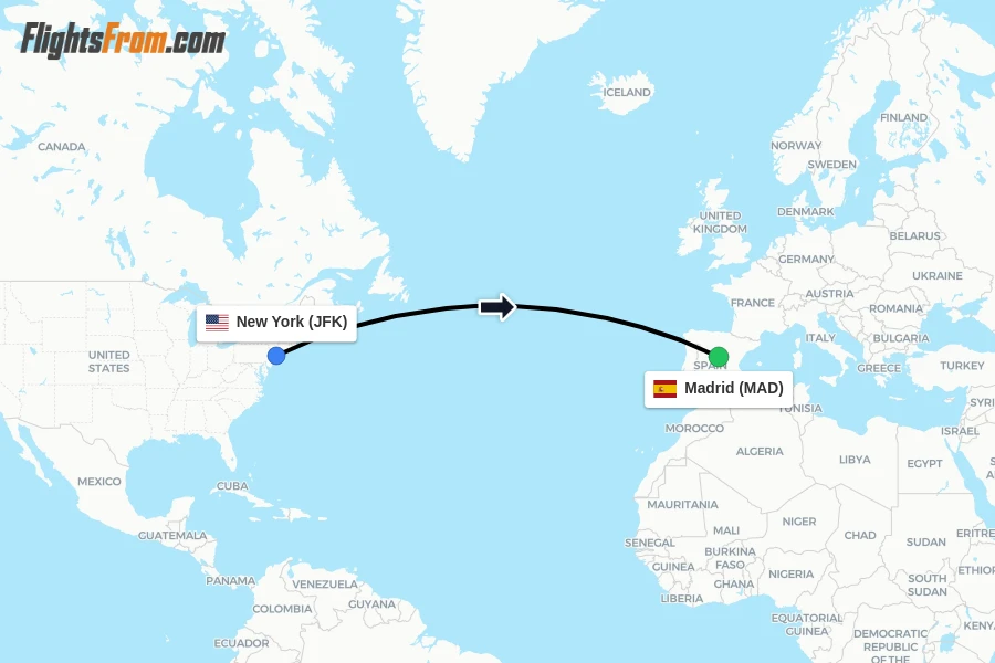 Flights from New York to Madrid route map