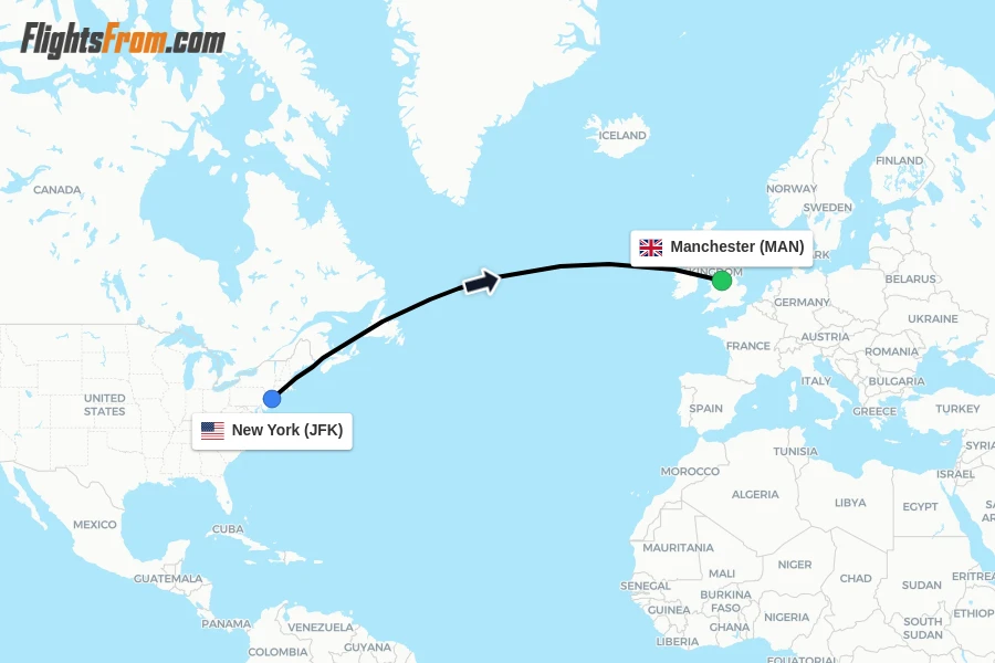 Flights from New York to Manchester route map