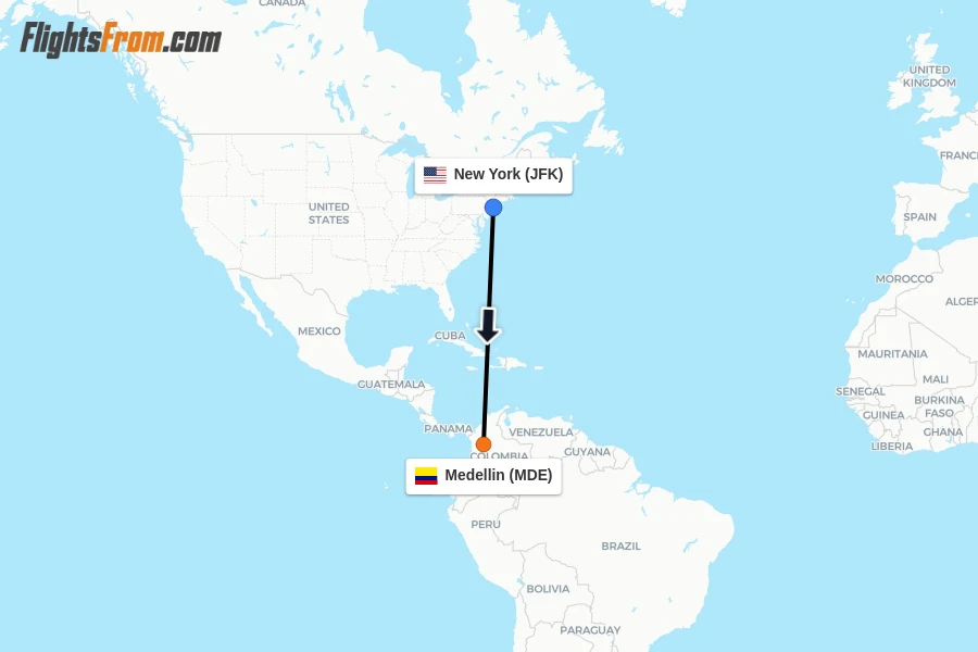 Flights from New York to Medellin route map