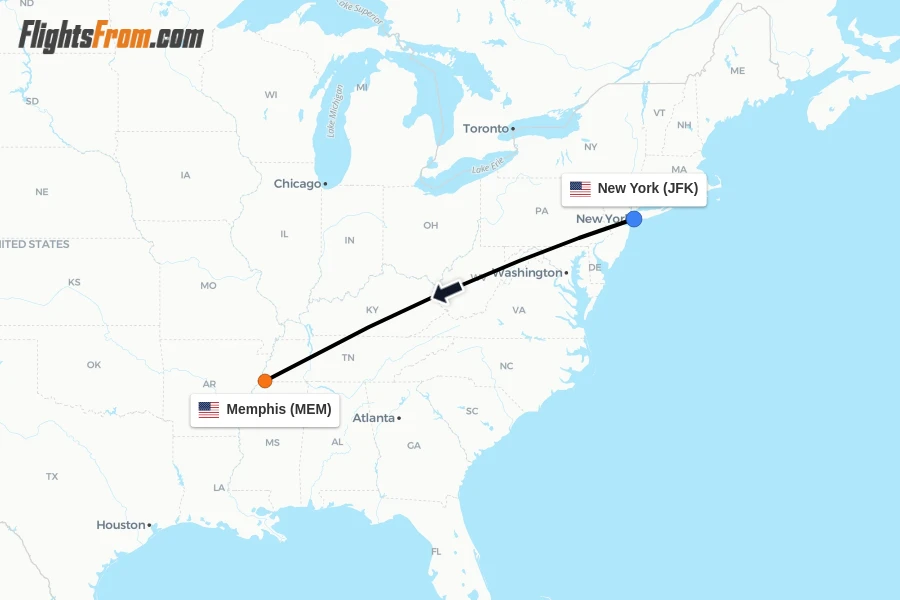 Flights from New York to Memphis route map
