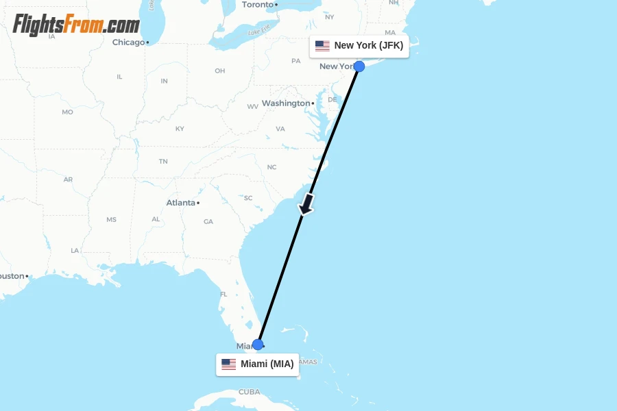Flights from New York to Miami route map