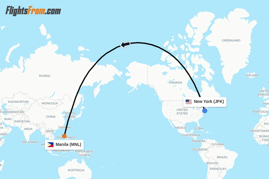 Flights from New York to Manila route map