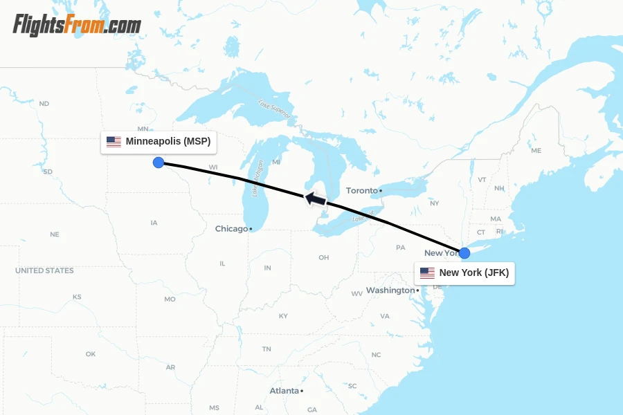 Flights from New York to Minneapolis route map