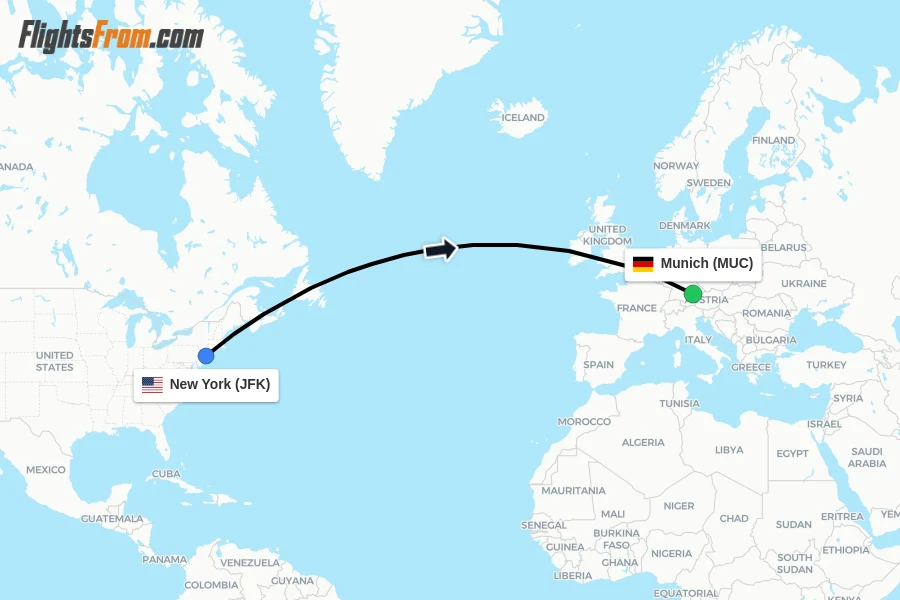 Flights from New York to Munich route map