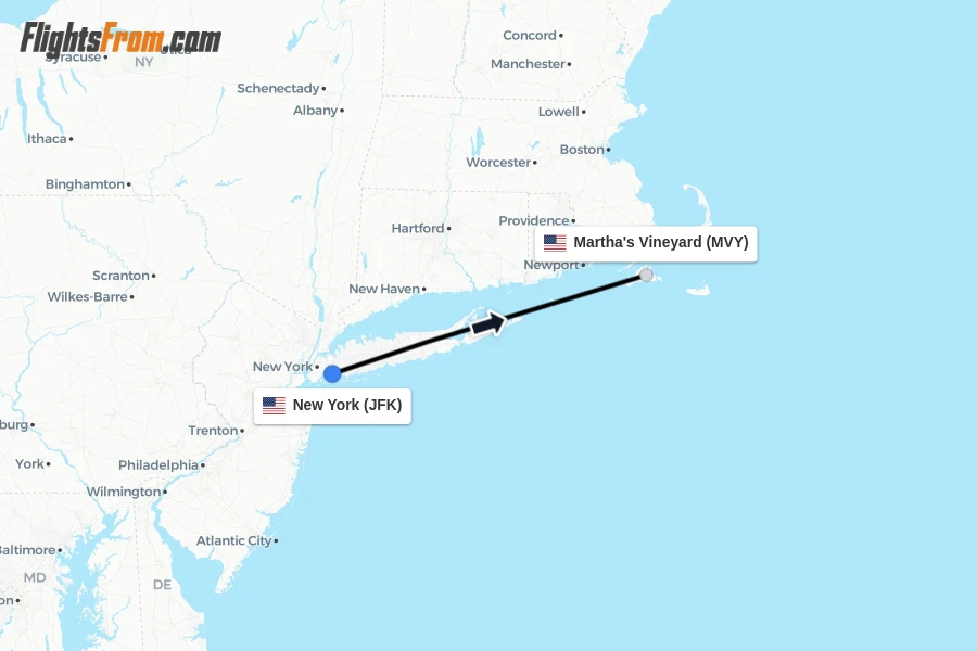 Flights from New York to Martha's Vineyard route map