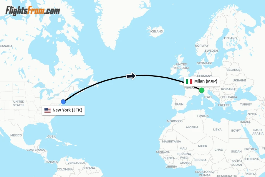 Flights from New York to Milan route map