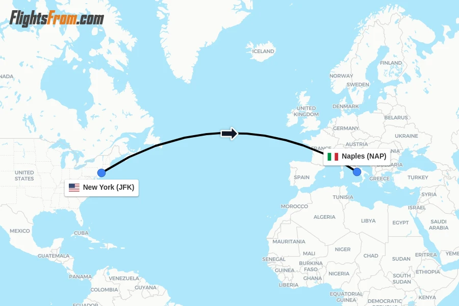 Flights from New York to Naples route map
