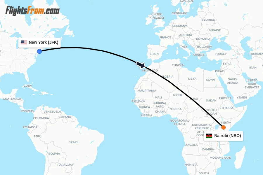 Flights from New York to Nairobi route map
