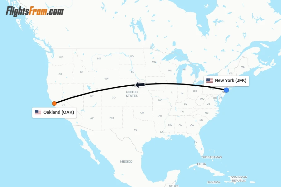 Flights from New York to Oakland route map