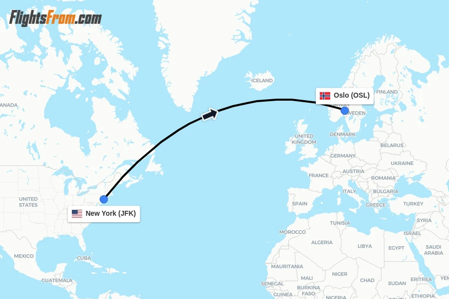 Flights from New York to Oslo route map