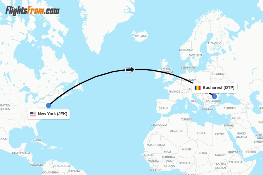Flights from New York to Bucharest route map