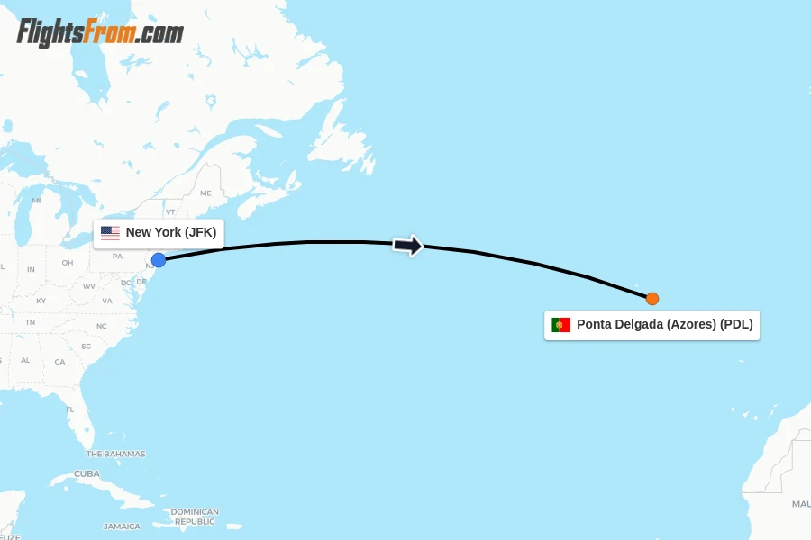 Flights from New York to Ponta Delgada (Azores) route map