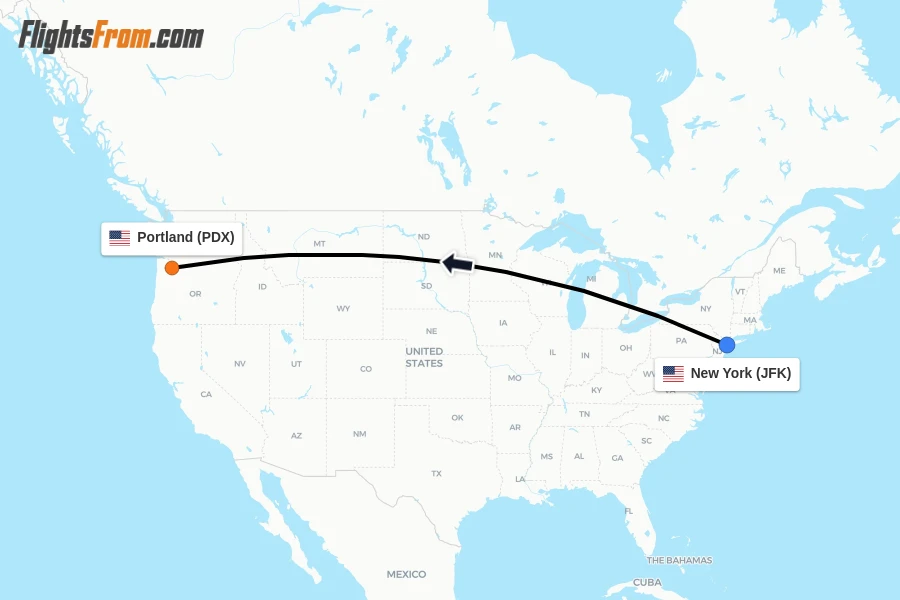 Flights from New York to Portland route map