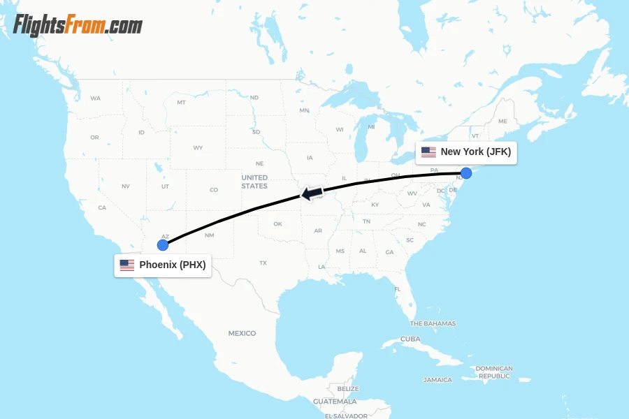Flights from New York to Phoenix route map