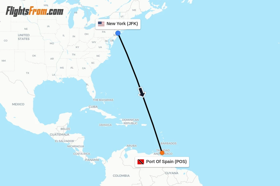 Flights from New York to Port Of Spain route map
