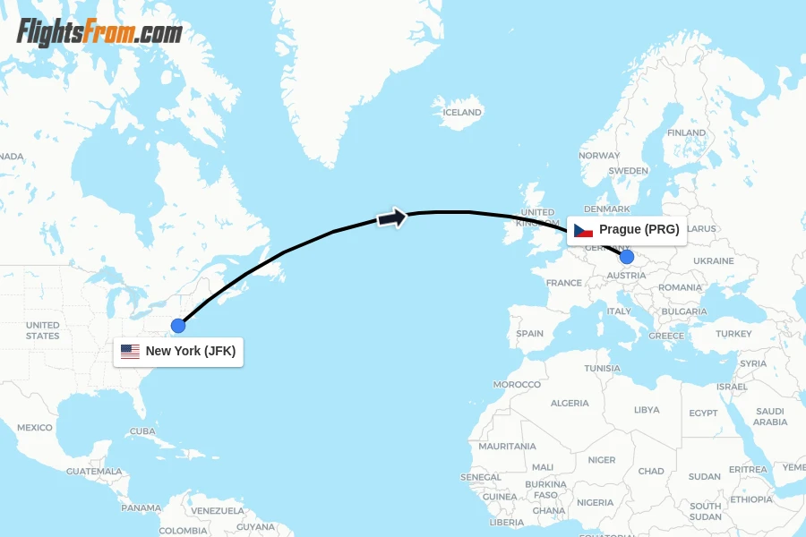 Flights from New York to Prague route map