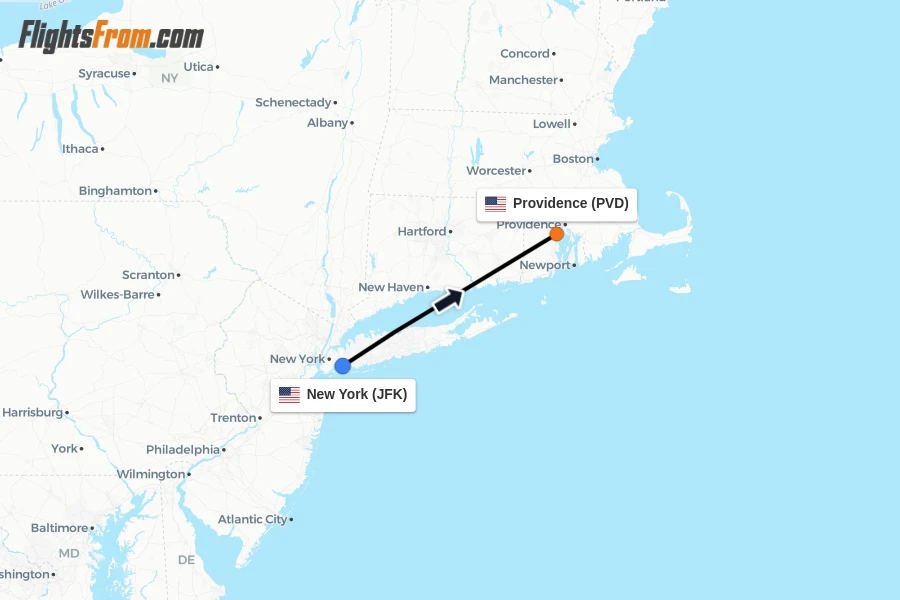 Flights from New York to Providence route map