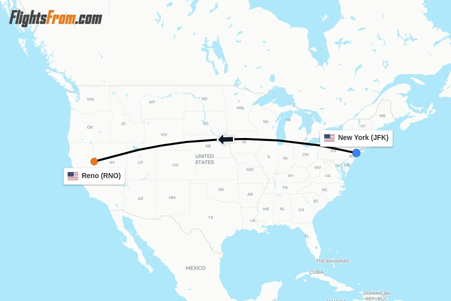 Flights from New York to Reno route map