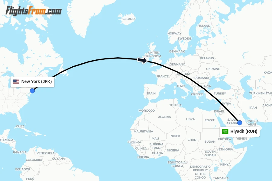 Flights from New York to Riyadh route map