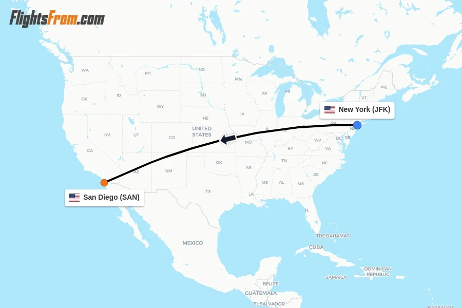 Flights from New York to San Diego route map