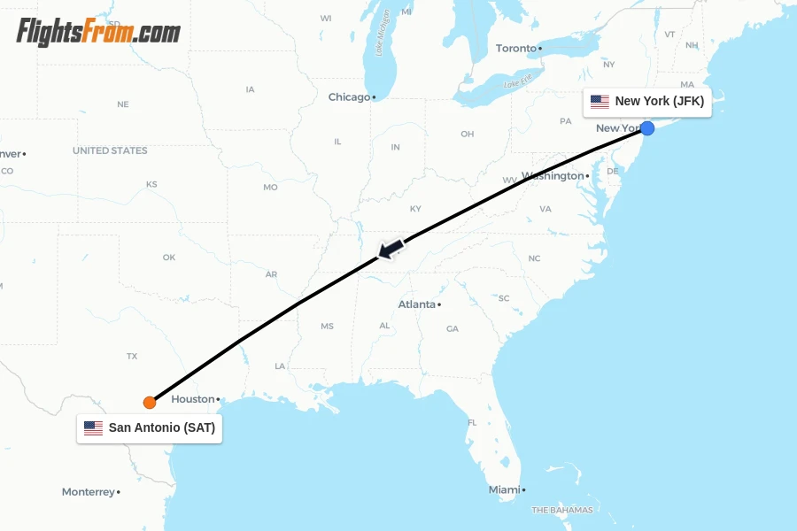 Flights from New York to San Antonio route map