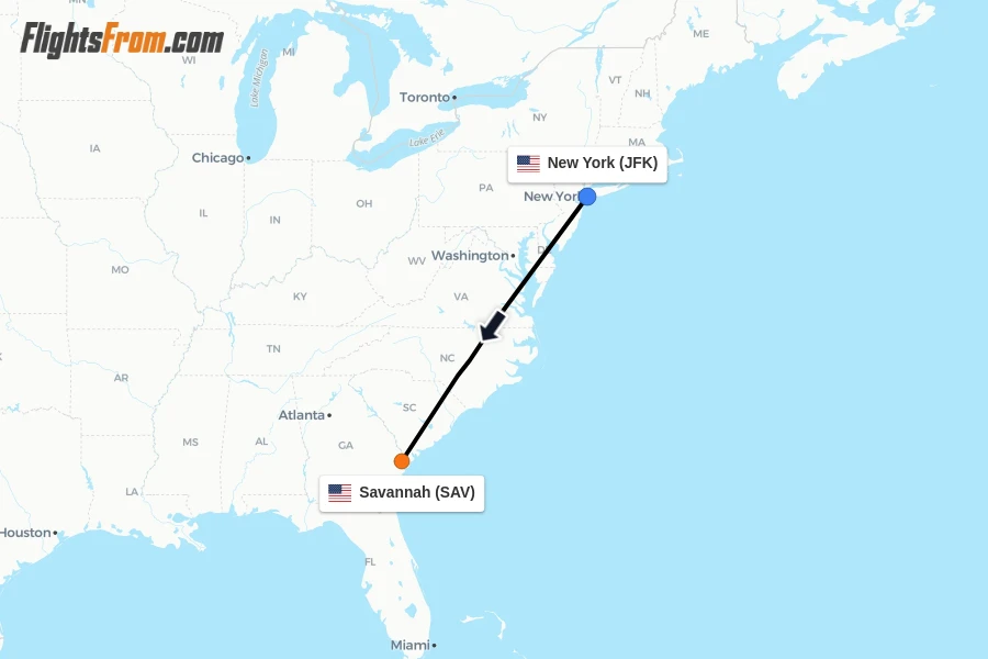 Flights from New York to Savannah route map