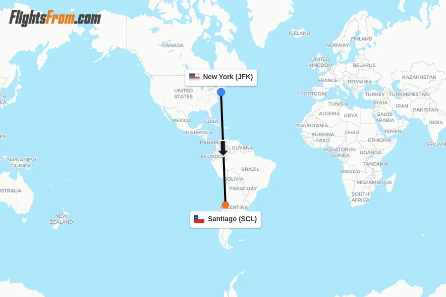Flights from New York to Santiago route map
