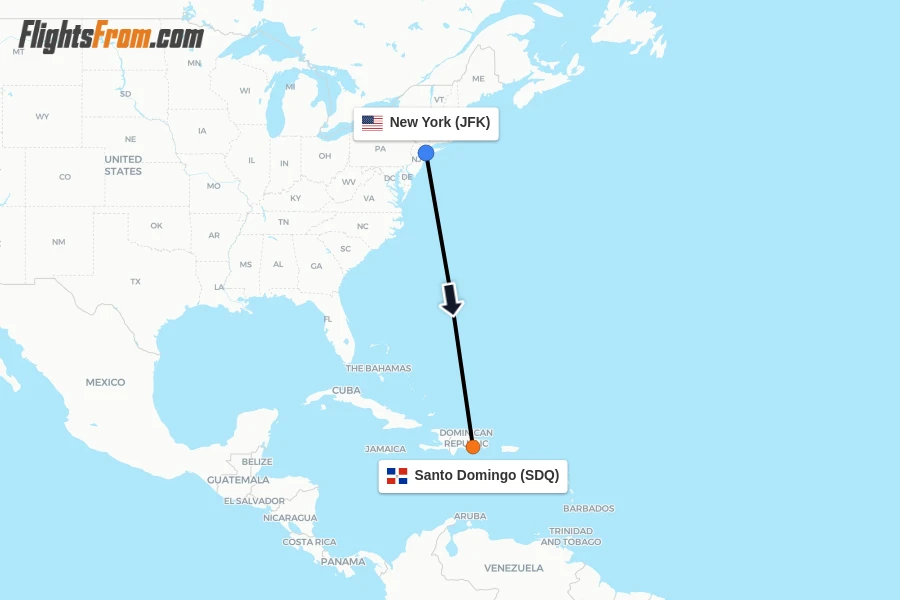 Flights from New York to Santo Domingo route map