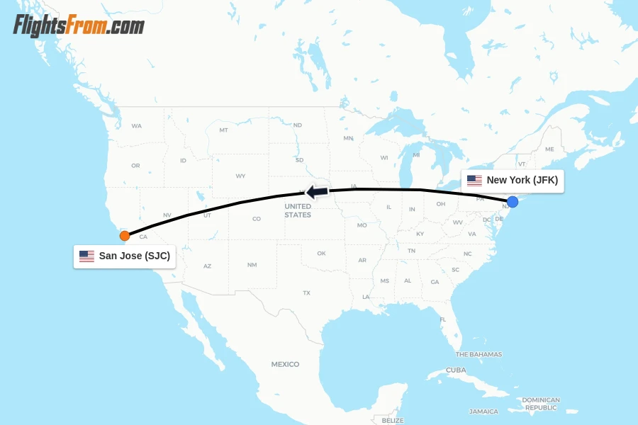 Flights from New York to San Jose route map