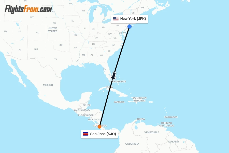Flights from New York to San Jose route map