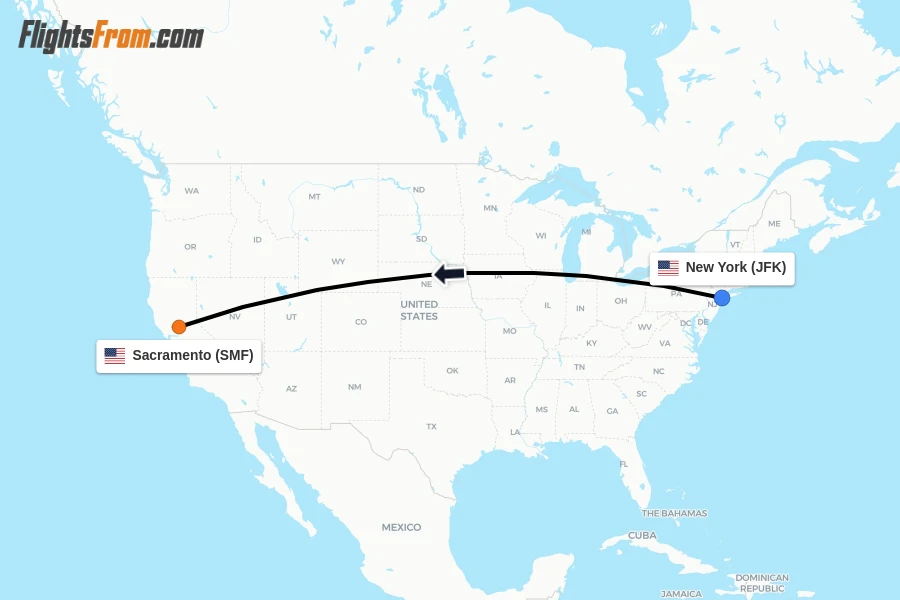 Flights from New York to Sacramento route map