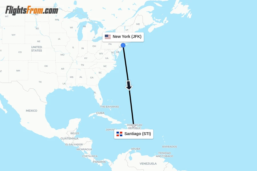 Flights from New York to Santiago route map