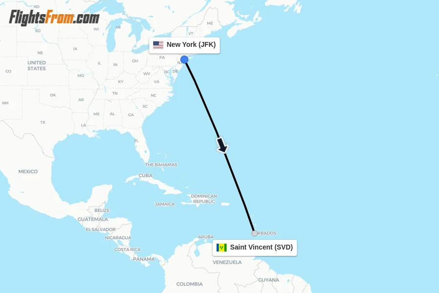 Flights from New York to Saint Vincent route map