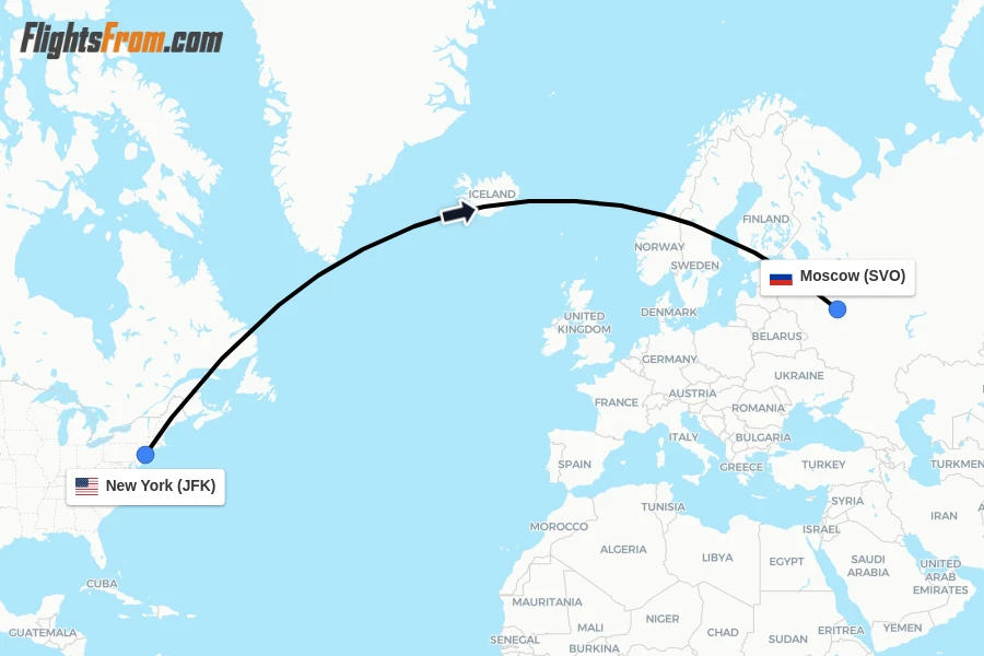 Flights from New York to Moscow route map