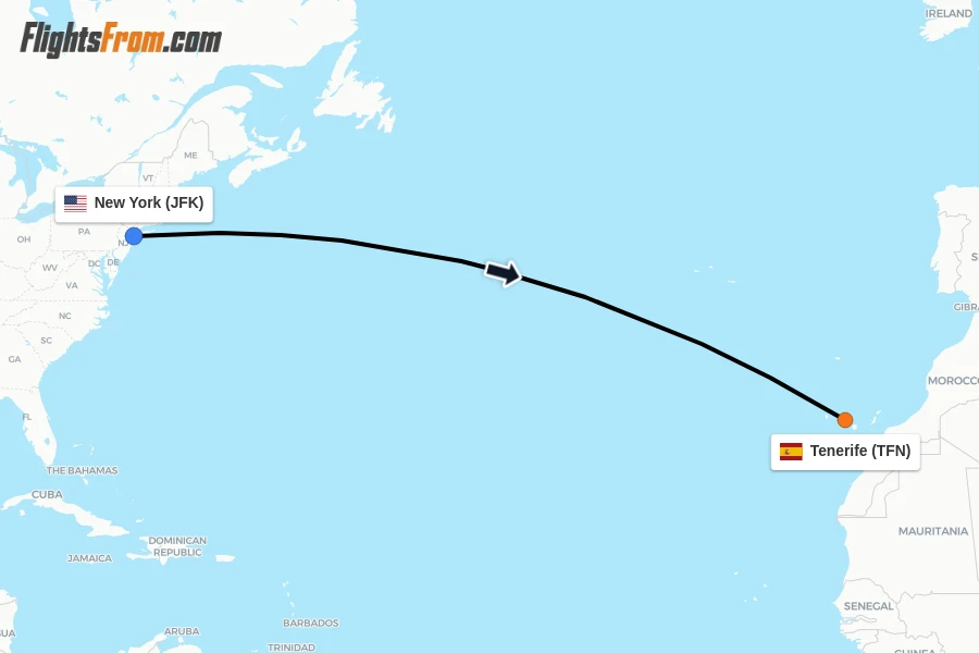 Flights from New York to Tenerife route map