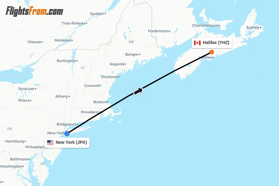 Flights from New York to Halifax route map