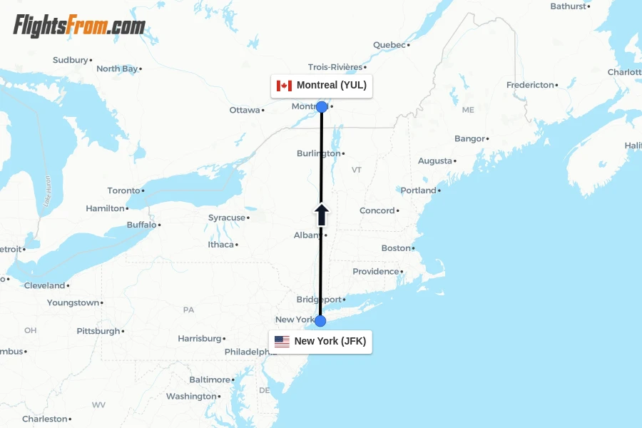 Flights from New York to Montreal route map
