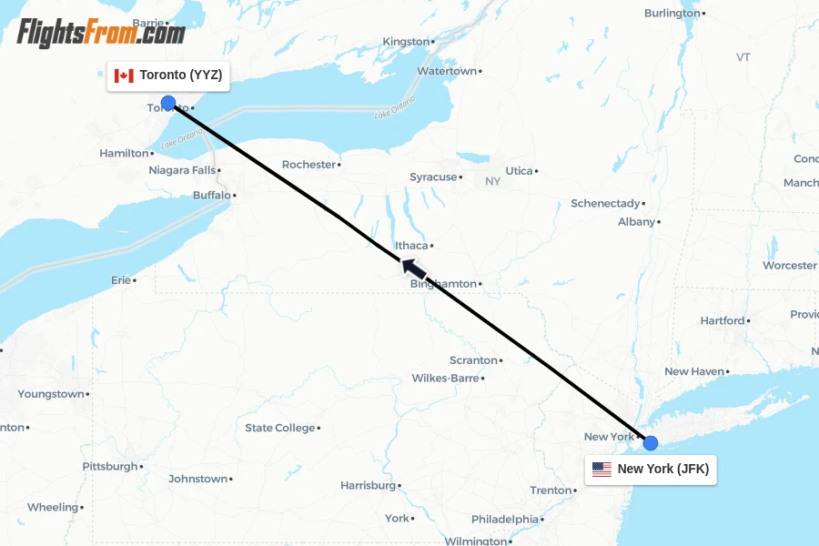 Flights from New York to Toronto route map