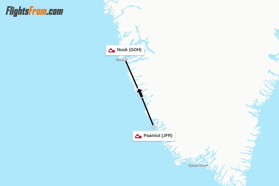Flights from Paamiut to Nuuk route map