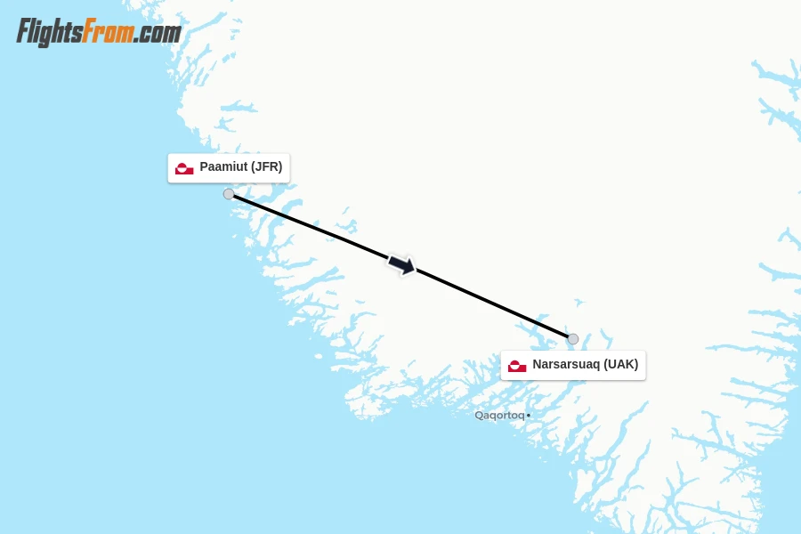 Flights from Paamiut to Narsarsuaq route map