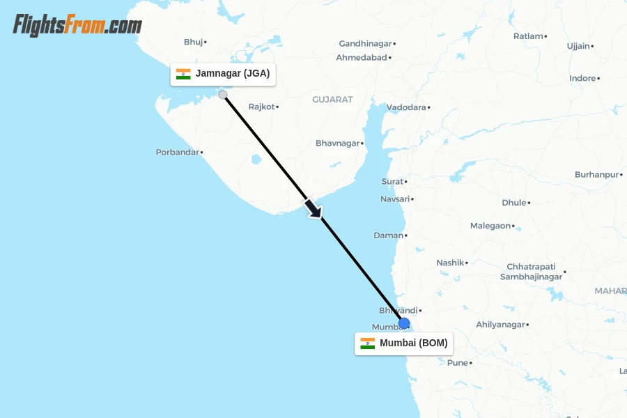 Flights from Jamnagar to Mumbai route map