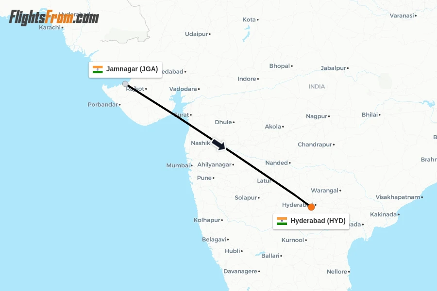 Flights from Jamnagar to Hyderabad route map