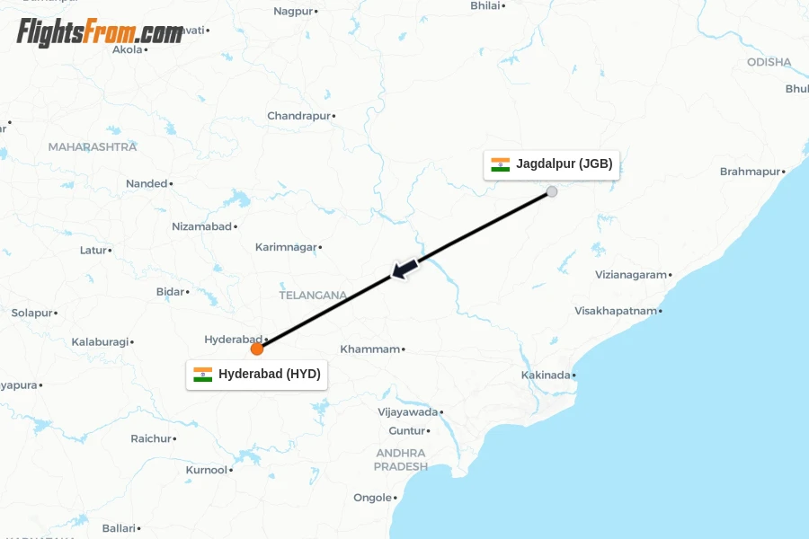 Flights from Jagdalpur to Hyderabad route map