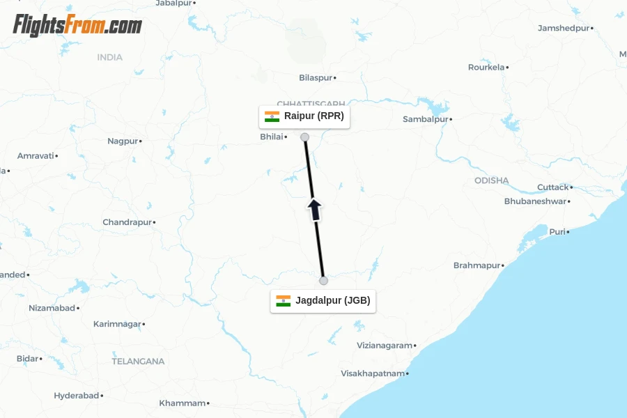 Flights from Jagdalpur to Raipur route map