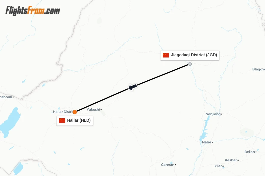 Flights from Jiagedaqi District to Hailar route map