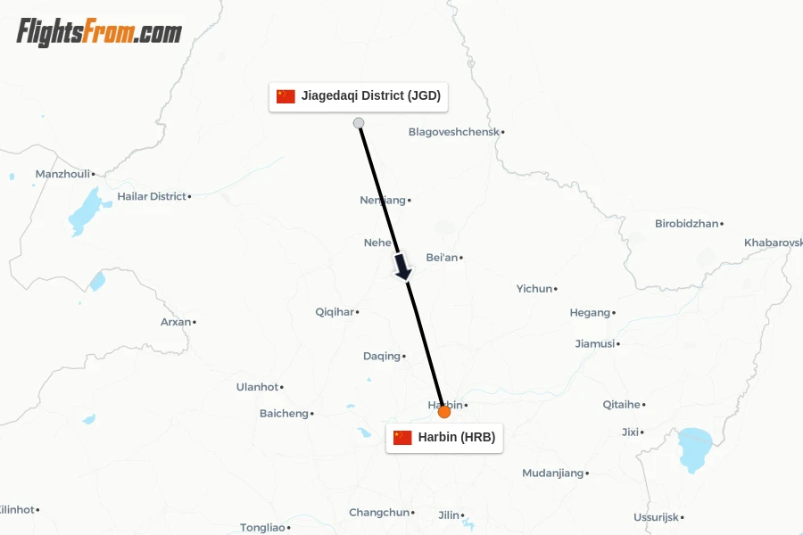 Flights from Jiagedaqi District to Harbin route map